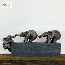 3 Elephants climbing over a stone block