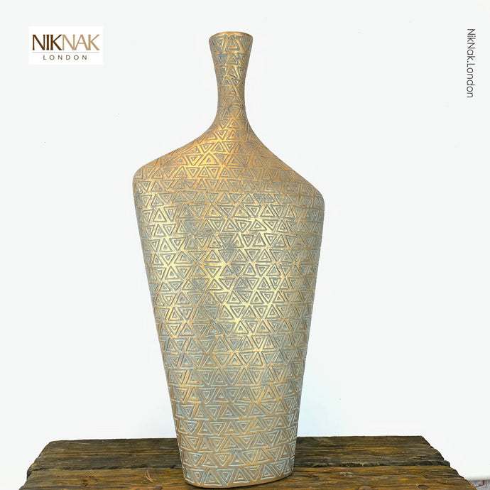 Egyptian Antique Style Tall Vase with triangle patterning and an agreed golden colouring